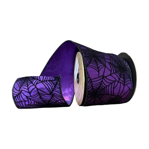 Black Glitter Spider Web on Purple Ribbon, 4" x 10YD
