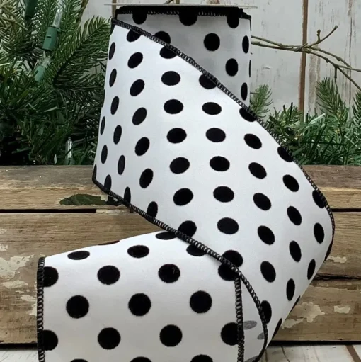 Black Polka Dot on White Ribbon, 4” X 10YD