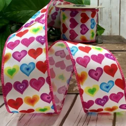 Colorful Hearts on White Ribbon with Pink Edge, 1.5“ x 10YD