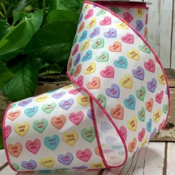 Conversation Hearts on White Ribbon with Pink Edge, 4“ x 10YD