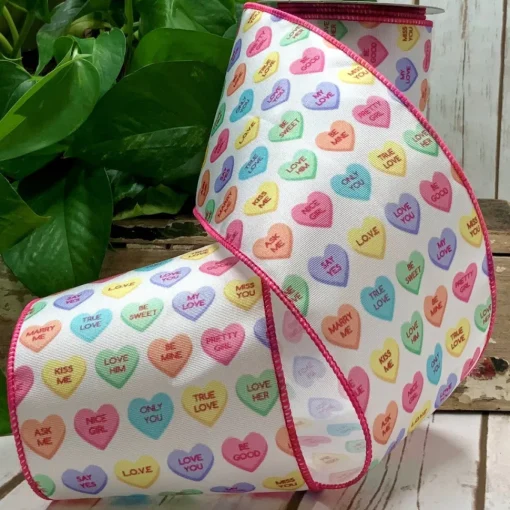 Conversation Hearts on White Ribbon with Pink Edge, 4“ x 10YD