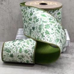 Dupion Green Floral Rabbit Ribbon, 4" x 10YD