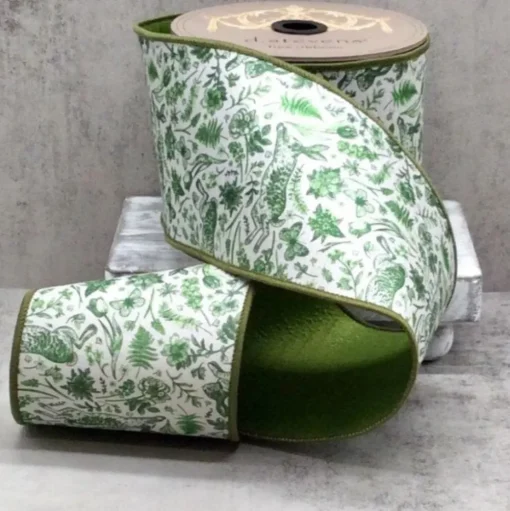 Dupion Green Floral Rabbit Ribbon, 4" x 10YD