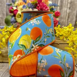 Dupion Watercolor Citrus and Blossoms Ribbon, 4“X 10YD