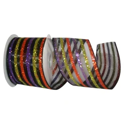 Glittered Sheer Stripe Wired Edge Ribbon, 2.5" x 10YD