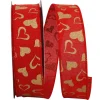 Gold Heart on Red Linen Ribbon, 1.5" x 25YD