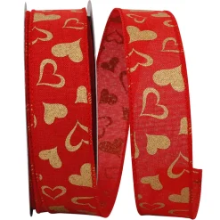 Gold Heart on Red Linen Ribbon, 1.5" x 25YD