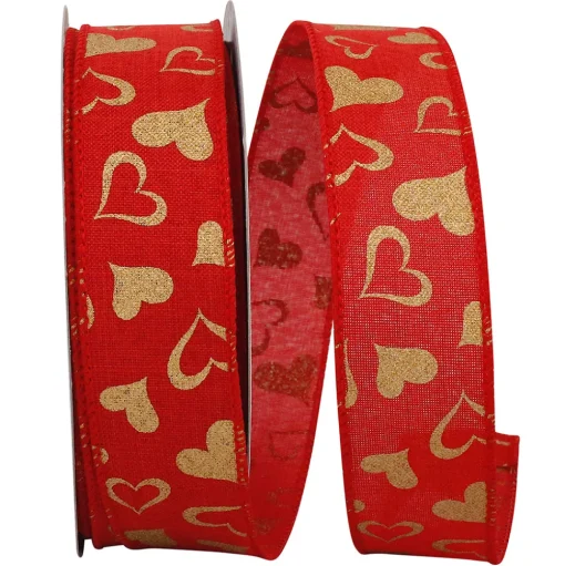 Gold Heart on Red Linen Ribbon, 1.5" x 25YD