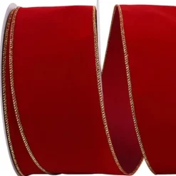 Gold Trimmed Scarlet Velvet Ribbon, 4" X 50YD