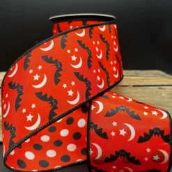 Halloween Bats and Moon Polka Dot Orange Ribbon, 3" X 10YD
