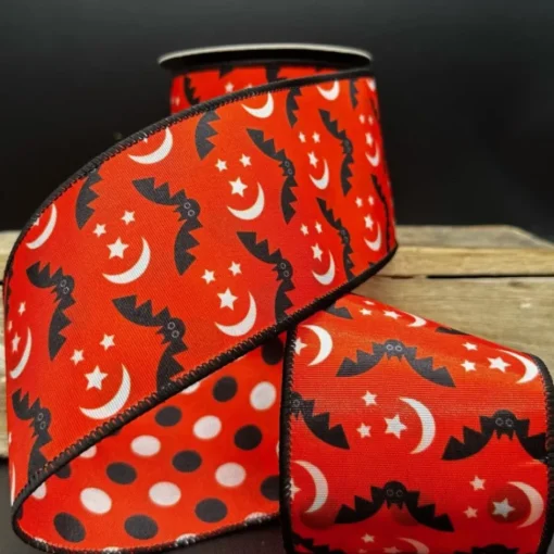 Halloween Bats and Moon Polka Dot Orange Ribbon, 3" X 10YD