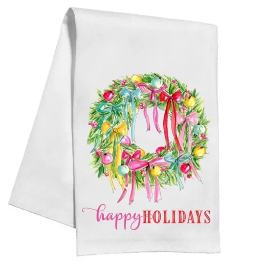 Happy Holidays Wreath Ornaments and Bows Kitchen Towel