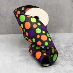 Linen Orange, Green, Purple Polka Dots Ribbon, 4" X 10YD