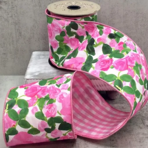 Linen Pink Roses with Pink Check Ribbon, 4" x 10YD