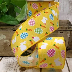 Multi Plaid Eggs and Bunnies on Yellow Ribbon, 2.5“ X 10YD