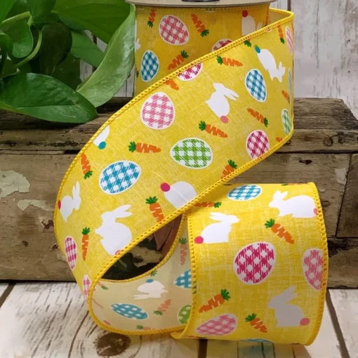Multi Plaid Eggs and Bunnies on Yellow Ribbon, 2.5“ X 10YD
