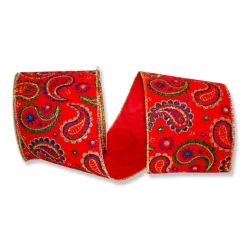 Paisley Velvet Jewel Tones Wired Ribbon, 4" X 10YD