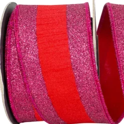 Red and Fuchsia Striped Dupioni Ribbon, 2.5" X 5YD