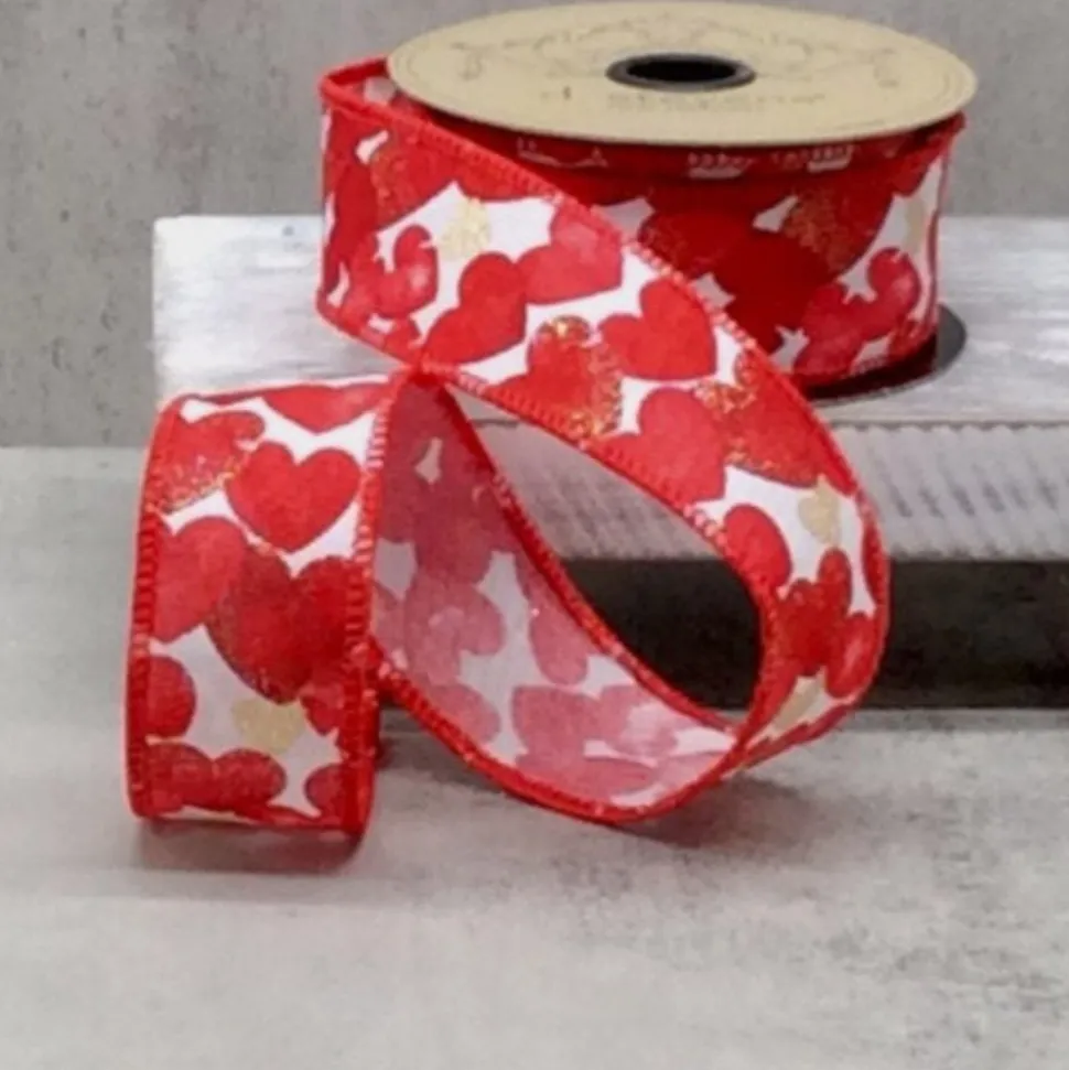 Red and Gold Heart Stamp Ribbon, 1.5" x 10YD