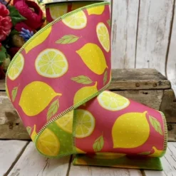 Sliced Lemons Pink Ribbon, 4" X 10YD