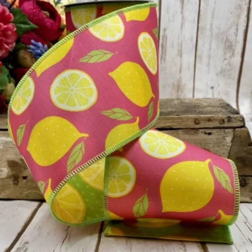 Sliced Lemons Pink Ribbon, 4" X 10YD