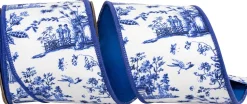 White and Blue Asian Vista Chinoiserie Ribbon, 4" X 5YD