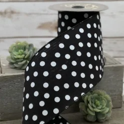White Polka Dot on Black Linen Ribbon, 4" X 10YD